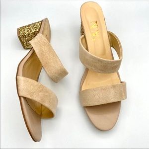 NUYG Flip Flops Open Almond Toe Mid Low Heels Crystal Sandals